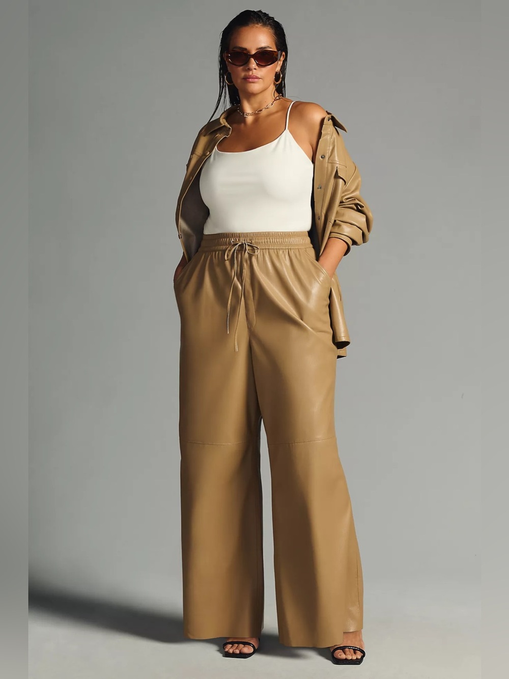 Good American Wide-Leg Faux Leather Pants in Taupe
